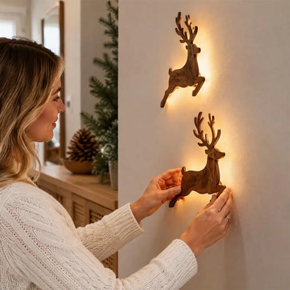 Christmas Reindeer Wall Light Wooden LED Reindeer Silhouette with Warm Backlight Battery Operated Lighted Wall Art Home Decor